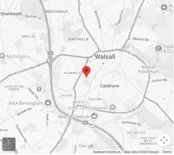 Map showing Platinum Vehicle Services next to Manor Hospital, Walsall