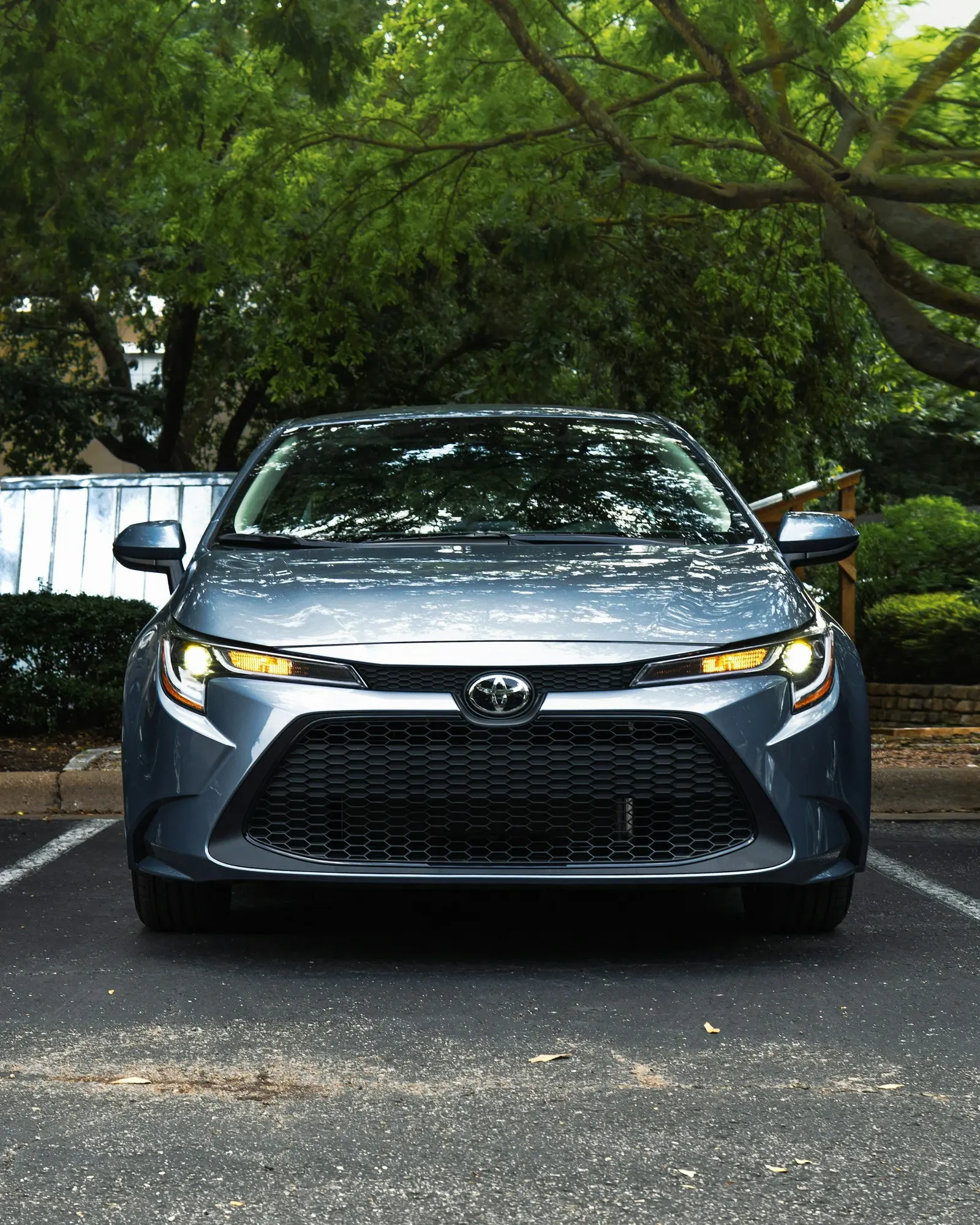 Front of a grey Toyota Corolla in a car park